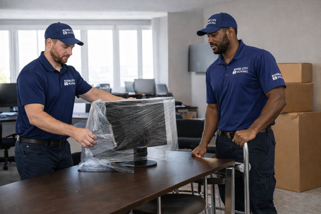 River City Moving crew handling office desks and equipment during a commercial move in Dieppe NB