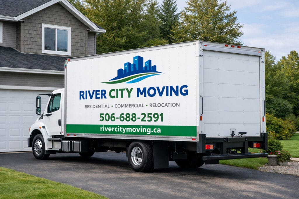 Movers in Riverview – River City Moving truck parked in a residential driveway in Greater Moncton