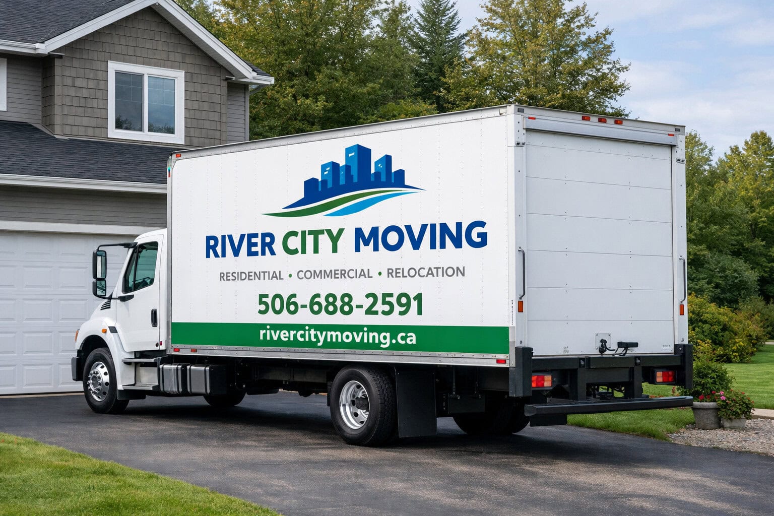 Trusted movers Moncton – River City Moving truck at a residential property