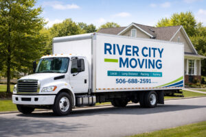 Camion de River City Moving stationné dans un quartier de Moncton offrant des services de déménageurs à Moncton