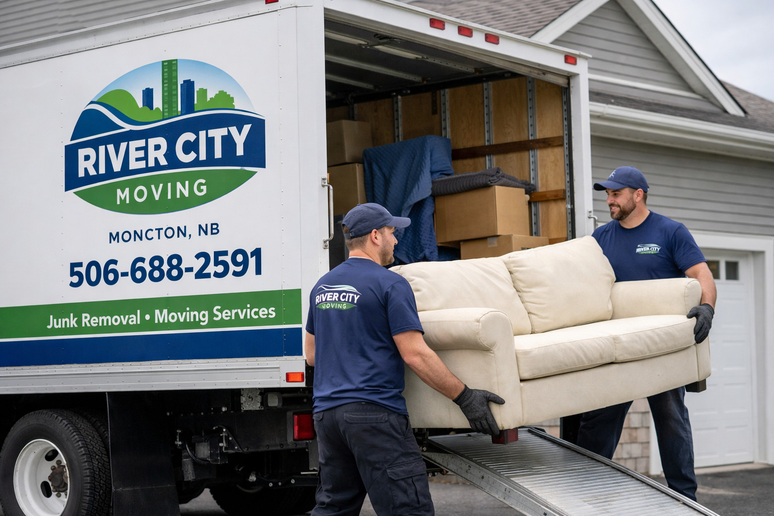 Débarras professionnel à Moncton, enlevant les meubles de maison en toute sécurité dans un camion de marque River City Moving