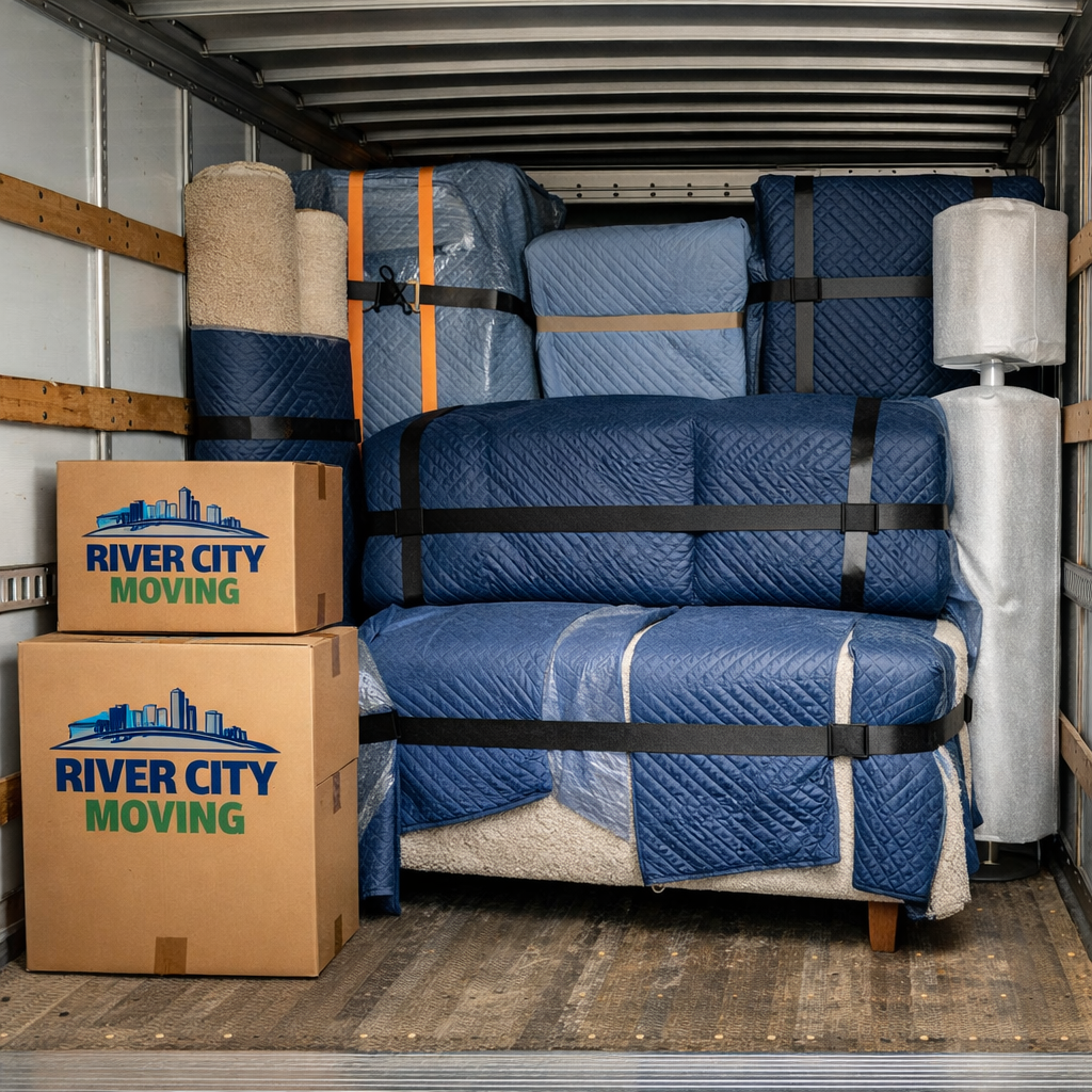 Residential relocation between Moncton and Charlottetown with furniture fully wrapped and secured inside moving truck