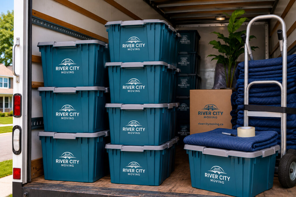 Reusable moving bins organized inside a moving truck in Moncton
