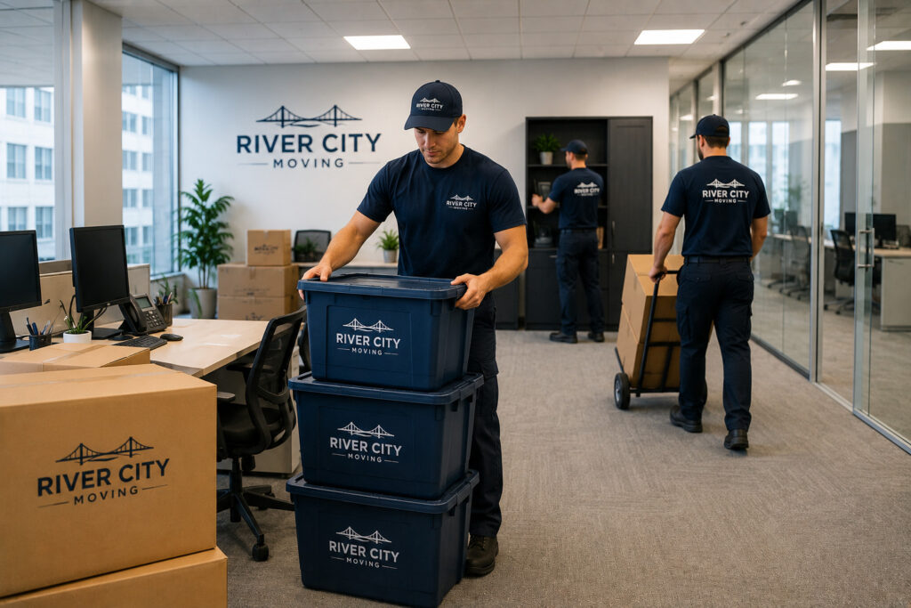 Équipe de River City Moving organisant des bacs de déménagement lors d’un déménagement de bureau