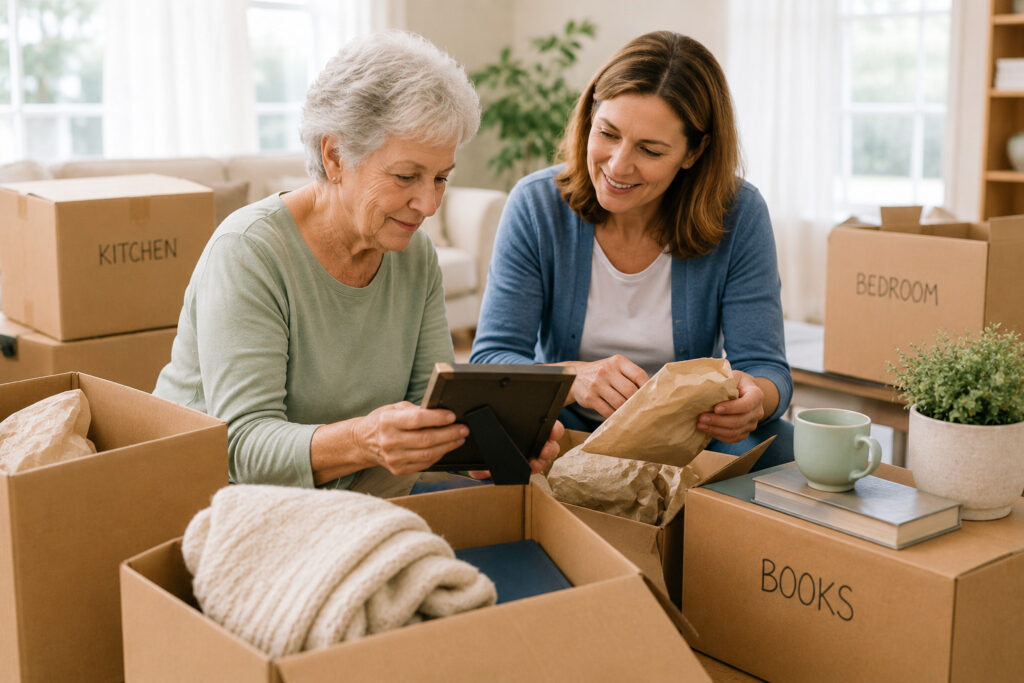 Adult daughter helping elderly parent downsize before moving in New Brunswick