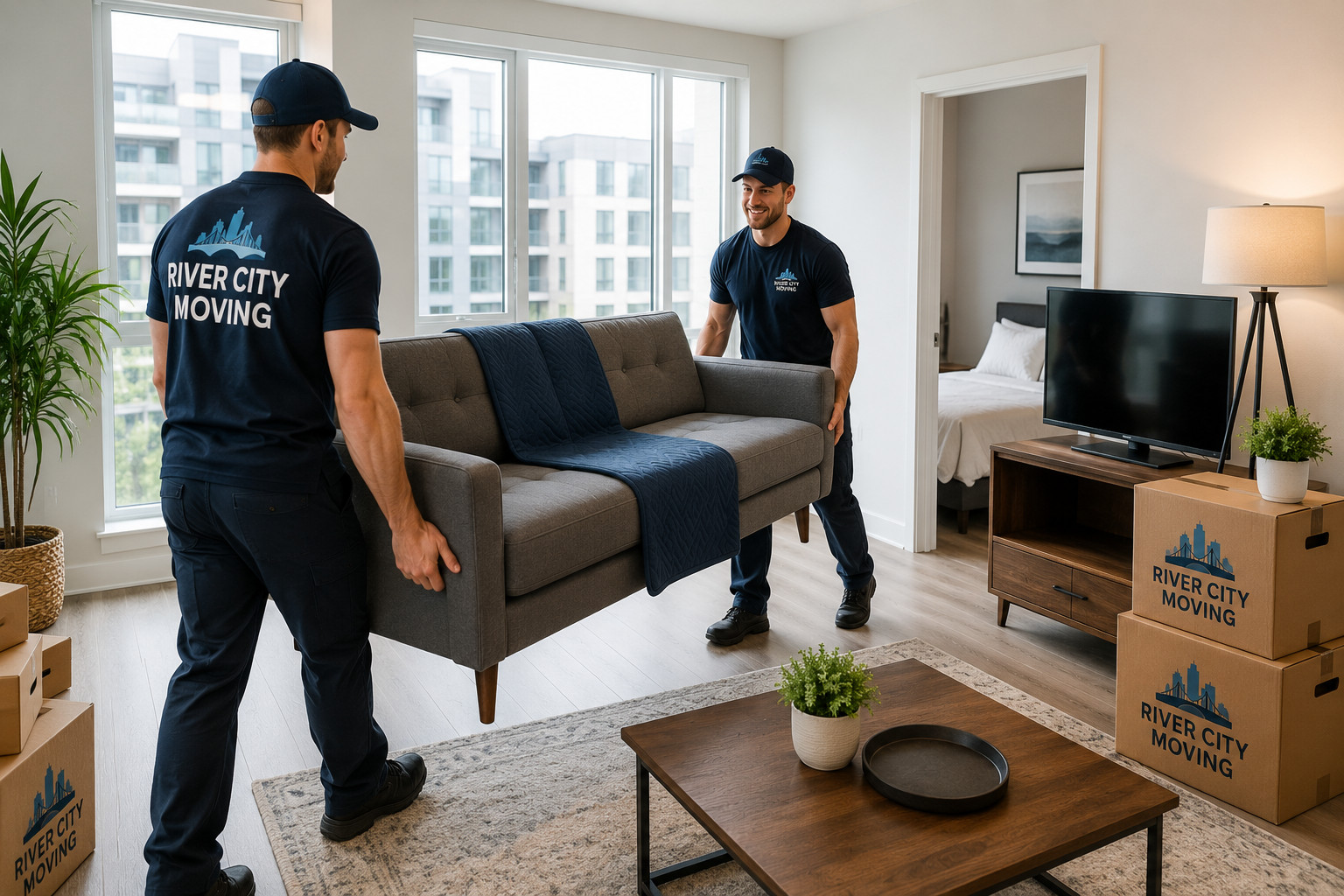 Professional apartment movers unloading furniture in Fredericton