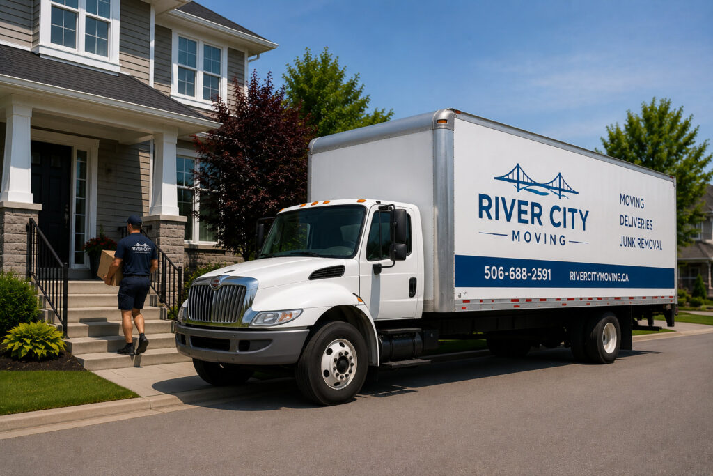 Camion de déménagement River City Moving devant une résidence dans un quartier de Dieppe