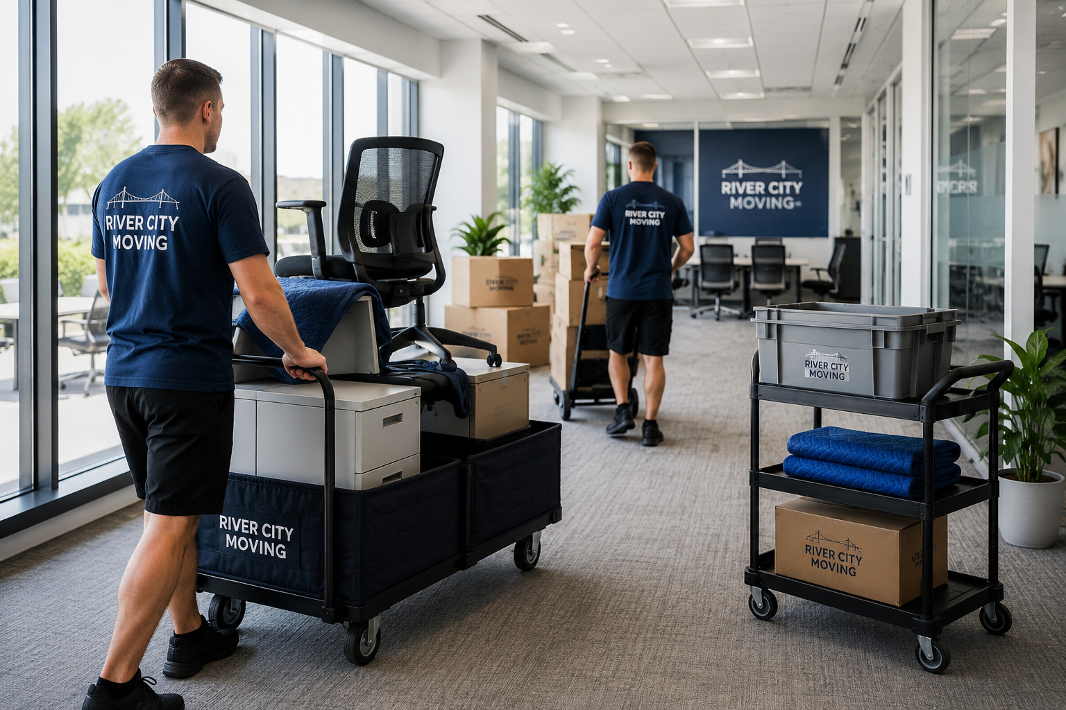 River City Moving crew coordinating an organized office relocation with moving carts and protected furniture