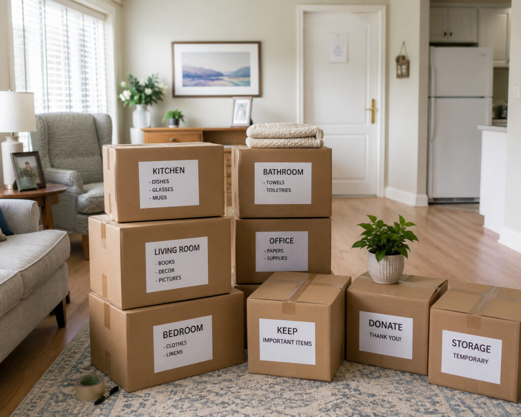 Organized labeled moving boxes in retirement apartment