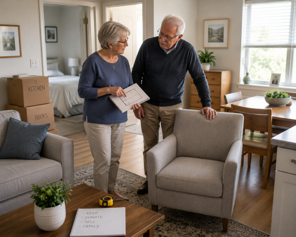 Seniors planning furniture layout before downsizing move