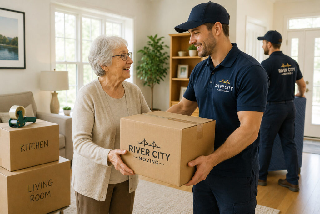 Professional movers assisting a senior during a residential move in Moncton