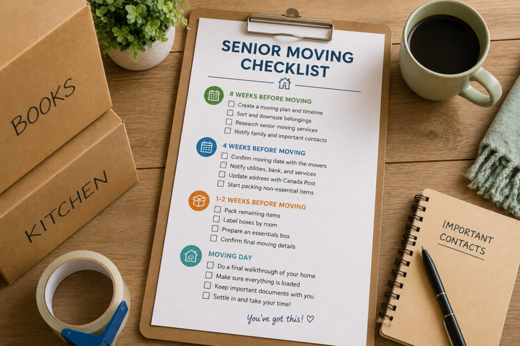 Senior moving checklist with packing supplies and labeled boxes for downsizing in New Brunswick